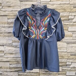 Embroidered Blouse Size L Denim Boho Peasant Puff Sleeves Cottagecore